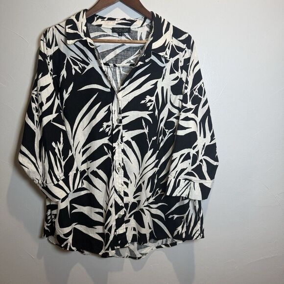 Rachel Zoe Linen Blend Tropical Black White Long Sleeve Button Shirt Women's 1X - Picture 1 of 11